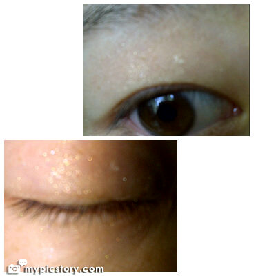 Pics of the eye shadow on my eye the top is in natural light and the bottom is with a flash
