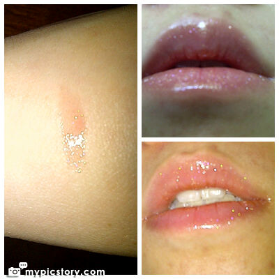 Pics of the lip gloss( left: swatch, TR: natural light, BR with a flash see that spakle?!)
